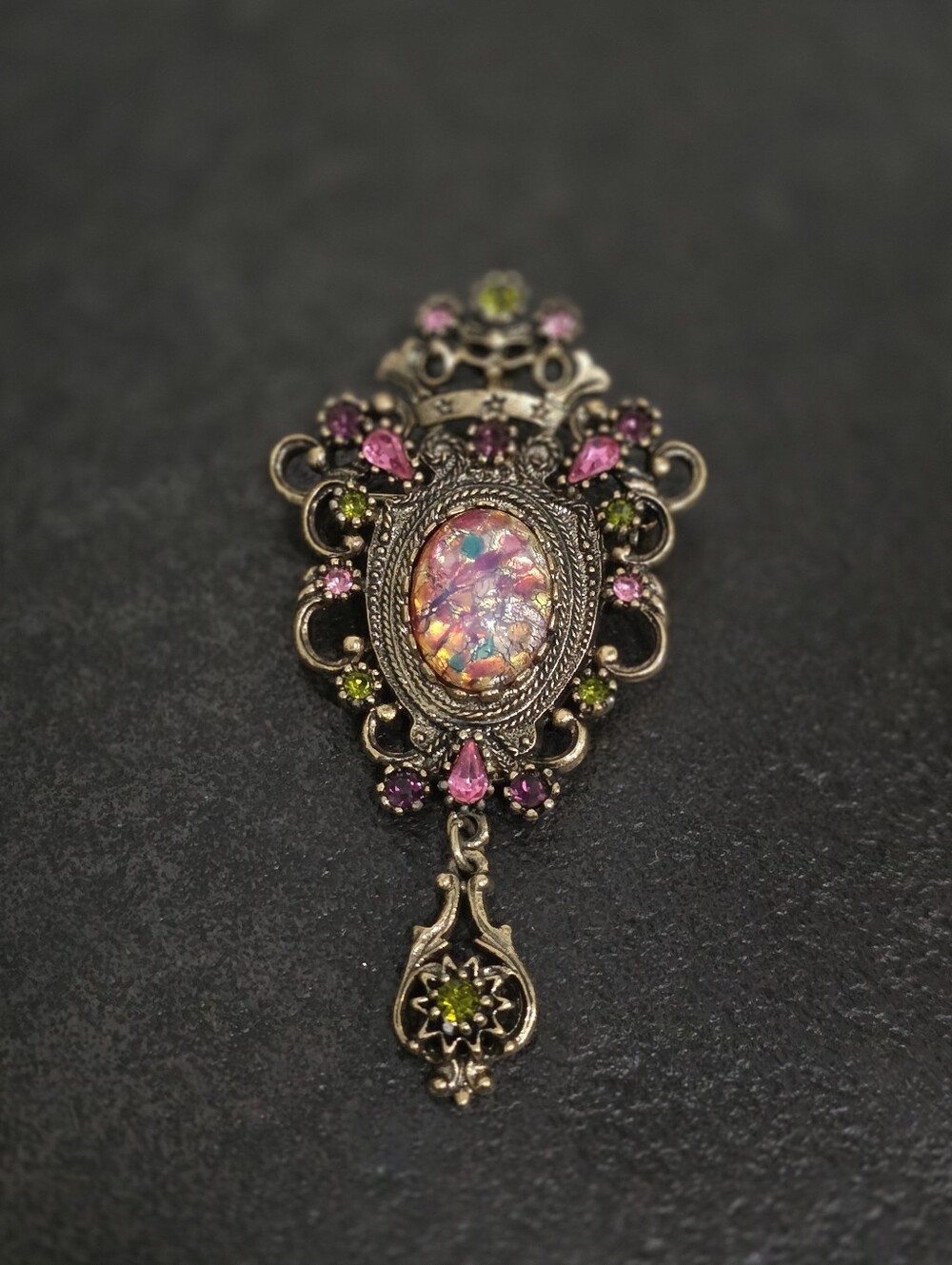 Vintage Sarah Coventry Contessa Brooch Pendant 1970s Faux Opal Rhinestone